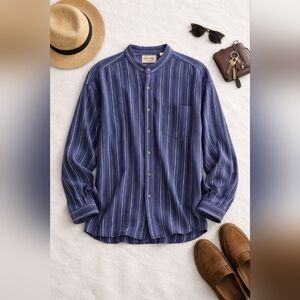 Scully Vtg Band Collar Bkue Striped Star Button L Sleeve Shirt. Mens XXL